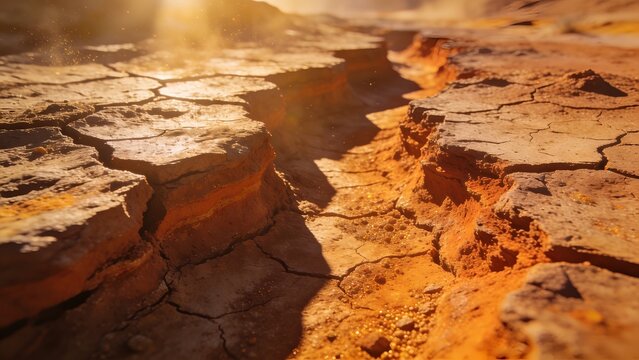 Close-up Perspective of Dry Cracked Soil with Selective Focus and Warm Glow
