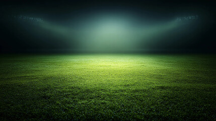 Naklejka premium Soccer field turf under soft stadium lights with atmospheric mist at night