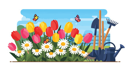 Colorful garden scene with tools and flowers © Hilii