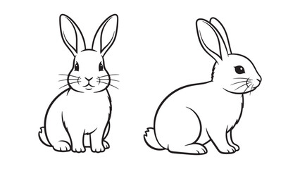 Obraz premium Cute black and white line art illustration of two adorable rabbits, one front view and one side view, perfect for children's coloring books or simple graphic design.