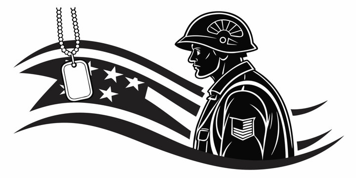 Soldier silhouette with dog tags and american flag support our troops thank you honor guard military silhouette patriotism remembrance illustration national commemoration sergeant campaign