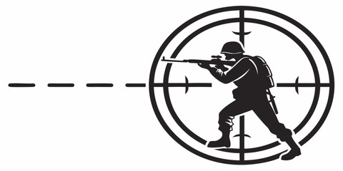 Soldier aiming a rifle through a sniper scope crosshair with dashed line army man soldier silhouette military shooting crosshair silhouette illustration strategy monochrome operation © Adobe 