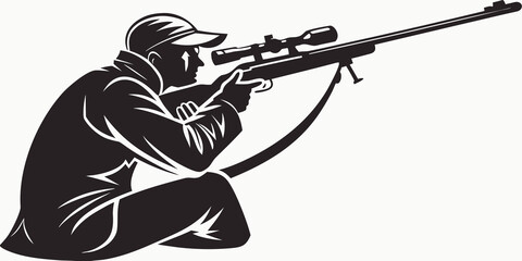 Hunter in camouflage aiming sniper rifle with scope hunting season shooting sport hunting equipment target practice outdoor recreation skilled shooter crouching camouflage shooting precision © Adobe 