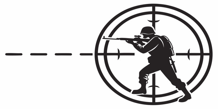 Soldier aiming a rifle through a sniper scope crosshair with dashed line army man soldier silhouette military shooting crosshair silhouette illustration strategy monochrome operation