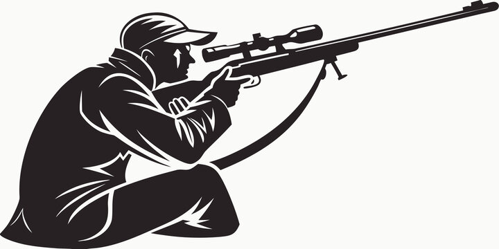 Hunter in camouflage aiming sniper rifle with scope hunting season shooting sport hunting equipment target practice outdoor recreation skilled shooter crouching camouflage shooting precision