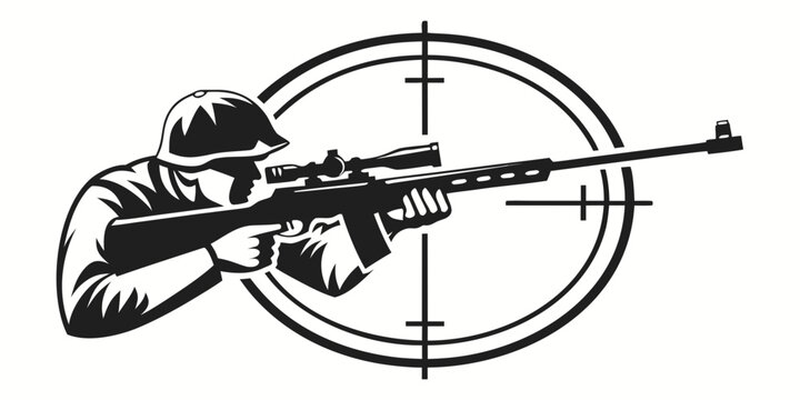 Soldier aiming sniper rifle with scope through target reticle military shooting crosshair silhouette illustration strategy tactical monochrome concentration accuracy precision operation