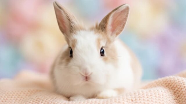 Cute rabbit portrait white and brown rabbit on soft blanket with pastel background fluffy pet animal small mammal close up soft fur calm resting indoor scene