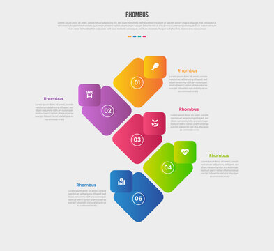 Rhombus diamond base shape infographics gradient template diagram with vertical round stack linked with square badge with 5 point step creative