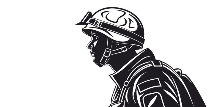 Black and white graphic illustration of a firefighter in profile view wearing a helmet with a headlamp and protective gear emergency services firefighter headlamp firefighting silhouette