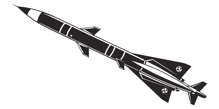 Sleek aerodynamic missile or rocket silhouette in flight with fins and nose cone detail against a white background silhouette aerodynamic technology military ballistic tactical projectile