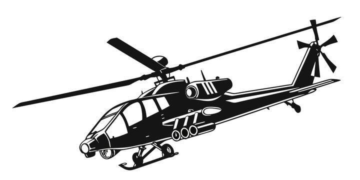 Black and white illustration of a military attack helicopter in flight with weapon pods and rotors helicopter military aircraft aviation airforce transport silhouette isolated illustration