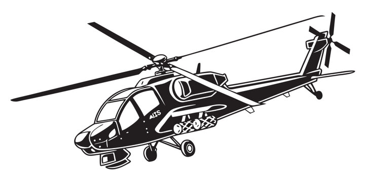 Stylized black and white illustration of a modern military gunship helicopter for design and graphics with helicopter military aircraft aviation illustration propeller transport airforce