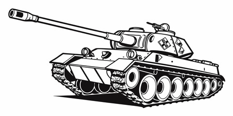 Historical armored tank graphic illustration featuring turret mounted machine gun and long range artillery cannon military artillery historical transport tactical silhouette illustration © Adobe 