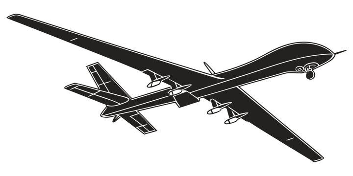 Military unmanned aerial vehicle silhouette graphic showing armed combat drone in flight with military aircraft silhouette unmanned predator surveillance reconnaissance aviation technology