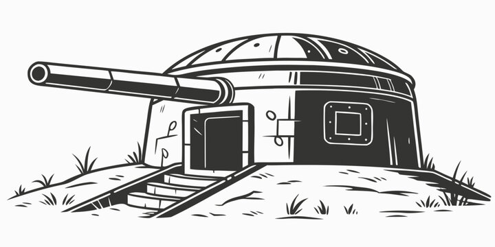 Heavy artillery cannon fortification bunker graphic illustration for military defense and coastal battery concepts with artillery military fortification concrete structure fortress stronghold