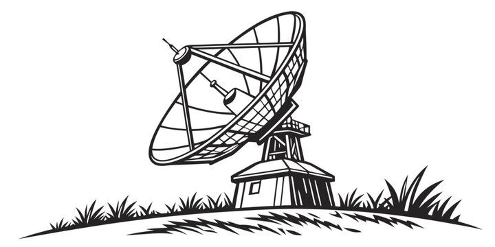 Communication satellite dish station in grassy field illustration with satellite communication telecommunication transmission broadcast technology observatory telescope wireless receiver
