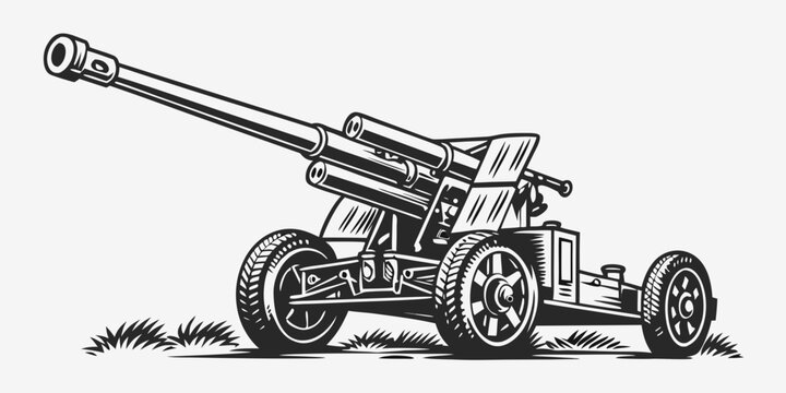Vintage military artillery field gun cannon vector graphic with artillery military historic firepower weaponry equipment projectile conflict ammunition tactical machinery strategic
