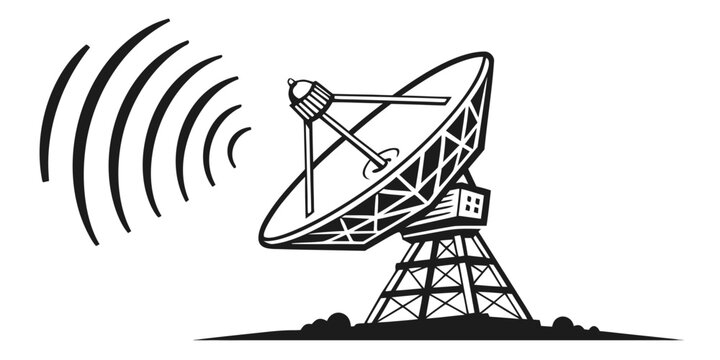 Detailed black and white vector graphic of a large parabolic satellite antenna emitting signal waves from a ground-based tower structure with satellite communication technology transmission