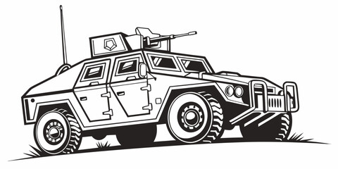 Stylized black and white illustration of an armored military transport vehicle with a turret in the field military transport tactical security illustration monochrome deployment protection © Adobe 