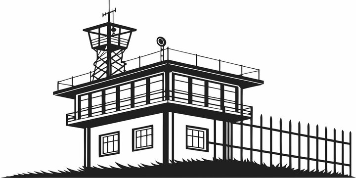Security guard watchtower silhouette with perimeter fencing watchtower security surveillance perimeter protection facility boundary observation checkpoint military industrial monitoring