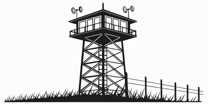 Industrial surveillance lookout tower graphic with surveillance security watchtower industrial observation checkpoint military facility structure monitoring perimeter boundary protection