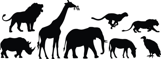 African animal silhouette vector set, wildlife poses, safari theme, black figures, nature illustration, jungle creatures, conservation concept, exotic design © Rebeka