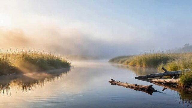 Morning mist over calm river with grass and logs