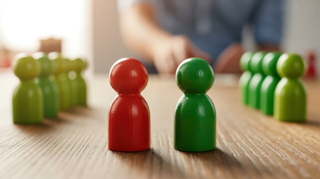 Red and green wooden pawn facing each other on a table representing competition and leadership