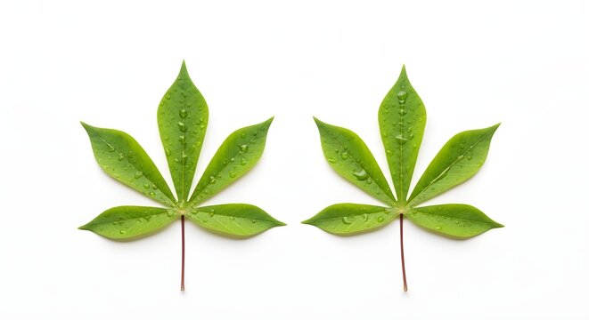 Fresh organic Manihot esculenta leaves with water drops on white