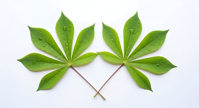 Two fresh green cassava leaves with raindrops on white background