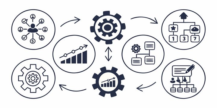 Business management workflow and organizational development icons set featuring hierarchical structures and productivity growth charts business workflow management organization development