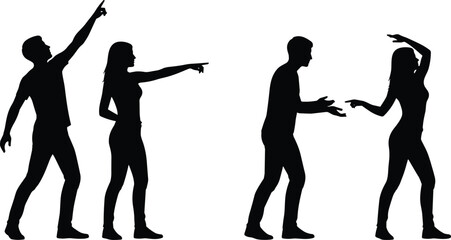 Silhouette vector of expressive couple gestures, communication poses, black figures, dramatic stance, body language theme, emotional illustration, relationship concept, interaction design © Rebeka