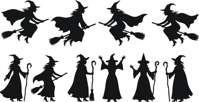 Witch silhouette vector collection, flying poses, magical theme, Halloween design, spooky figures, broomstick motion, mystical style, enchanted illustration, fantasy concept