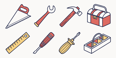 Obraz premium Workshop and construction hand tool icon set with wrench and saw screwdriver construction carpentry equipment hardware handyman building improvement industrial illustration collection