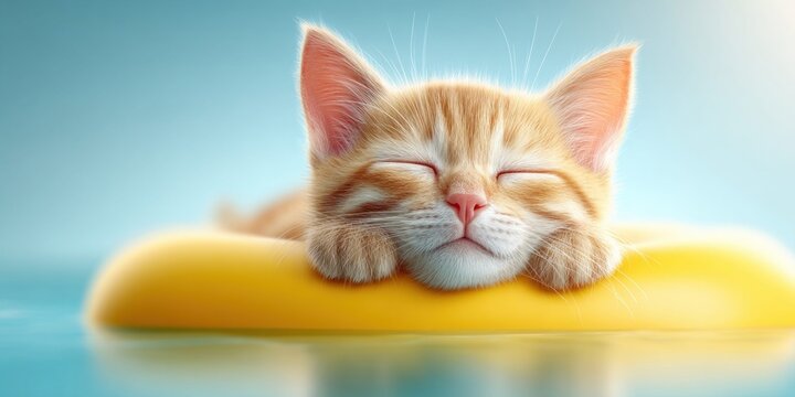 Adorable ginger kitten peacefully sleeping on a bright yellow inflatable ring in calm water