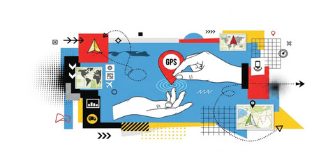 Fototapeta premium Creative GPS Navigation Collage with Hands Holding Location Pin Map Elements and Digital Tracking Concept for Modern Technology Design