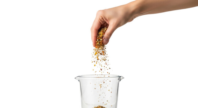 Natural bee pollen granules falling from hand, organic superfood supplement being poured into glass, healthy nutrition and apitherapy concept isolated PNG with Transparent Background