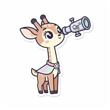 Cute cartoon baby giraffe looking through a telescope.