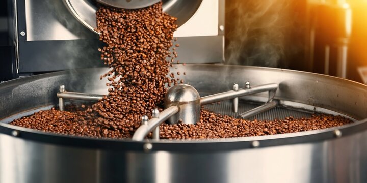 Freshly roasted coffee beans tumbling in an industrial roasting machine with steam rising