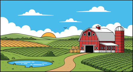 A cartoon farm scene with a red barn and silo © Jamal