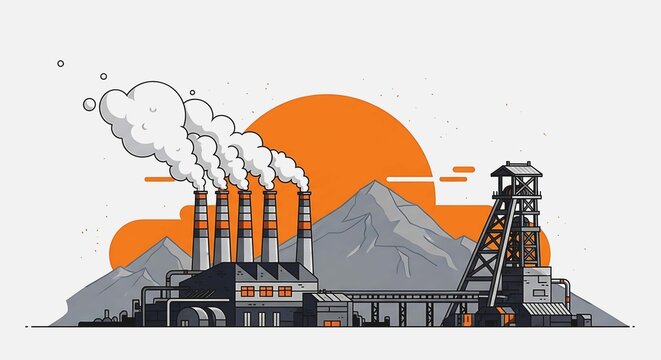 An industrial factory with smokestacks and a headframe in a mountainous landscape with a sunset