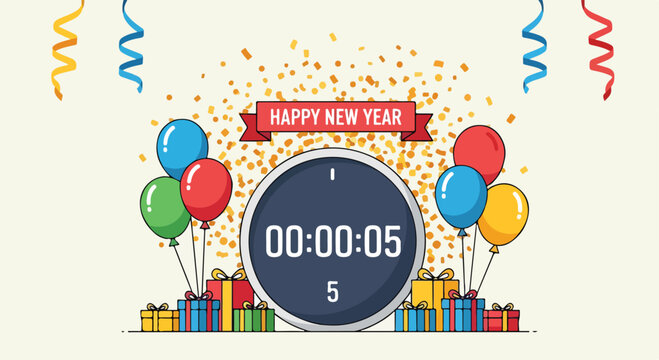 Colorful New Year's Eve celebration with countdown timer