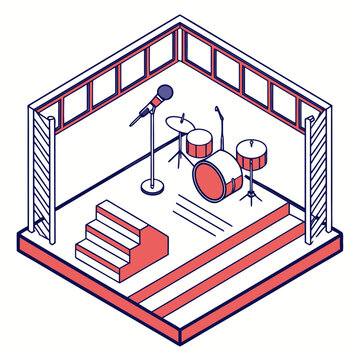 Isometric stage setup with a drum kit and mic.