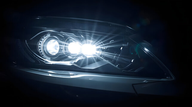 Modern car headlight with bright LED lights illuminating the dark