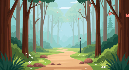 A serene forest path with trees and flowers © Kiu