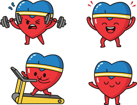Cute heart character exercising with weights, treadmill, and stretching, vector illustration