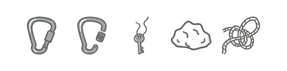 Gray hand-drawn icons: carabiners, key, rock, rope © liubomir118809