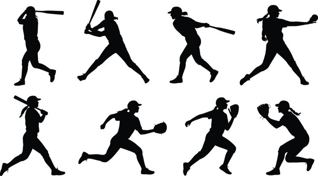 Female baseball player silhouettes in various actions