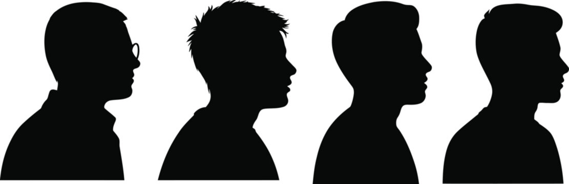 Four black male head silhouettes facing right profile