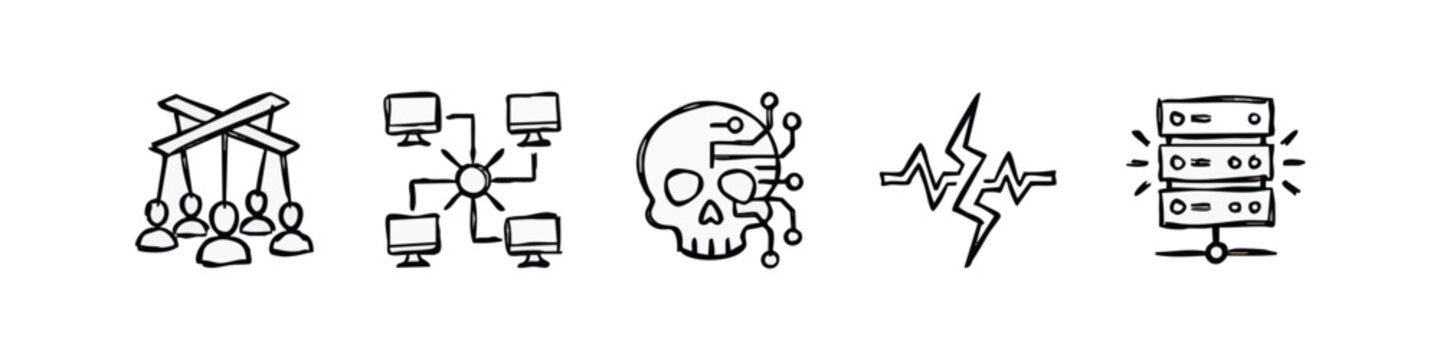 Cyber Threats Manipulation and Network Control Hand Drawn Icon Set